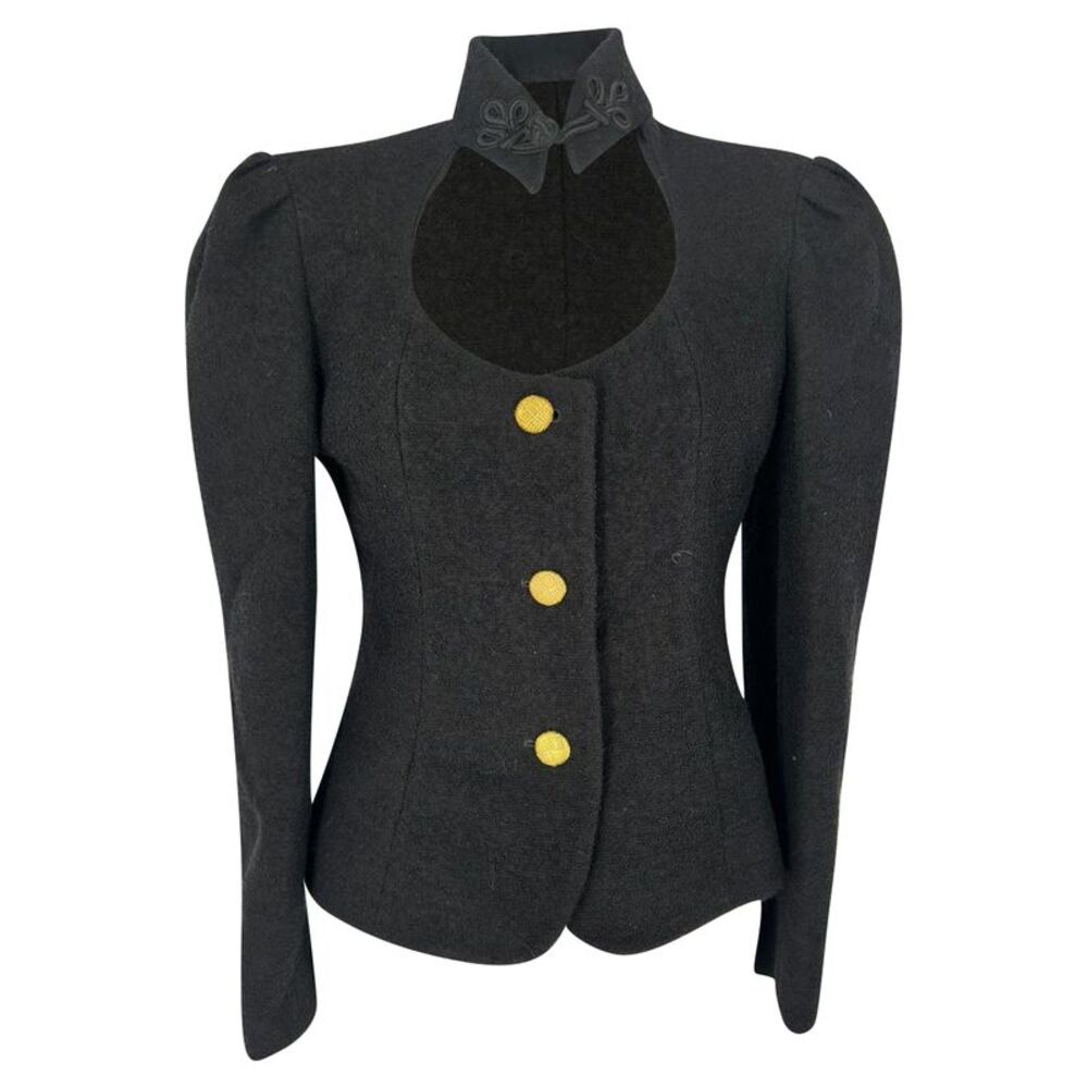 Alessandra Rich Tweed Boucle Nehru Collar Jacket in Black Wool